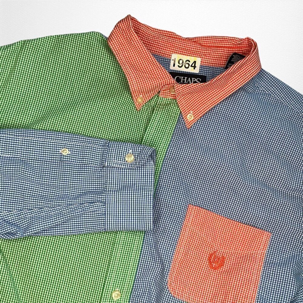 CHAPS RALPH LAUREN Gingham COLORBLOCK 90s VTG‎ Shirt Button Up Mens XL Easy Care